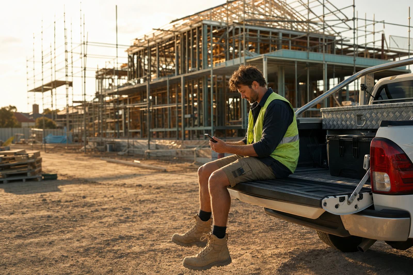 Australian tradesperson reviewing a Safe Work Method Statement on a phone at a construction site